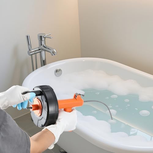 Drain Snake, Auto Feed Plumbing Snake with Drill Attachment, 25 Feet Flexible Drain Auger Tool Set Included Drain Clog Remover, Hair Clog Remover ＆ Cleaning Brush | for Kitchen, Bathroom and Shower Sink with Gloves - color: Orange