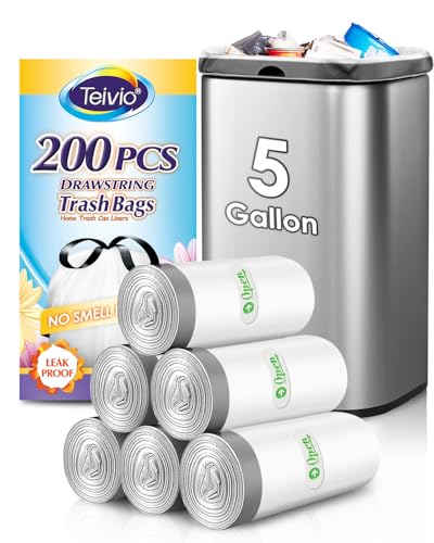Teivio 5 Gallon 200pcs Strong Drawstring Trash Bags Garbage Bags, Small Plastic Bags for home office kitchen ，White Bathroom Trash Can Bin Liners - style: 200-5Gallon-White