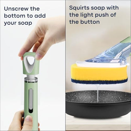 Dish Brush with Soap Dispenser Storage Set with 2 PCS Sponge Refills & Holder, Soap Dispensing Dish Brushes, Sponge with Soap Dispenser Handle, Dish Sponges with Handle for Dishes Pans Pots Sink - color: Green