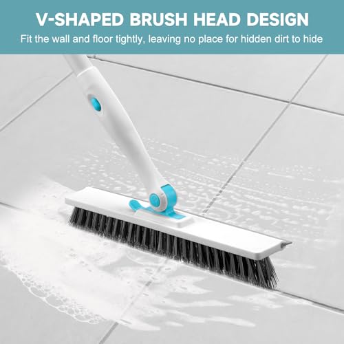 nacena Shower Scrubber with Long Handle, 4 in 1 Tile Tub Scrubber Brush with 3 Detachable Cleaning Heads and V-Shaped Grout Brush Shower Cleaner Brush for Bathroom Kitchen Toilet Tub Sink, Blue White - color: Blue White, size: 2 pads+brush