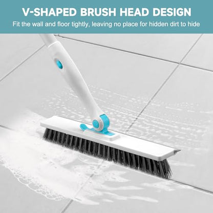 nacena Shower Scrubber with Long Handle, 4 in 1 Tile Tub Scrubber Brush with 3 Detachable Cleaning Heads and V-Shaped Grout Brush Shower Cleaner Brush for Bathroom Kitchen Toilet Tub Sink, Blue White - color: Blue White, size: 2 pads+brush