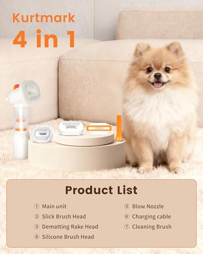 Upgraded kurtmark Vacuum Dog Brush for Shedding, 4-in-1 Self-Cleaning Slicker & Undercoat Rake, Deshedding Grooming Tool, Anti-Static, Massage & Combing All In One!