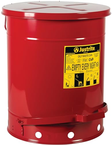 Justrite 14 Gallon Galvanized Steel Oily Waste Can, 20" x 16" Metal Oil Rag Safety Can with Foot Operated Self-Closing Lid for Oil Rag Disposal, Made in The USA, Red, 09500 - color: Red, size: 14 Gallon, style: Foot-Operated Lid