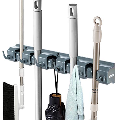 Tangkula Wall Mount Mop Broom Holder, Hanging Broom Organizer w/ 5 Slots & 6 Hooks, Home Storage Organizer Rack, Hanging Utility Rack for Home, Kitchen, Garage, Laundry (Dark Grey) - color: Dark Grey