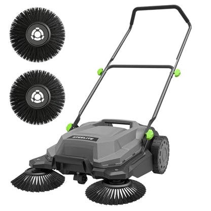 STEELITE Walk-Behind Hand Push Floor Sweeper, 26.8" Sweeping Width Floor Sweeper Manual Non-Electric, 6.35 Gal Waste Container, Angle & Height Adjustable Folding Handle for Walkway, Yard