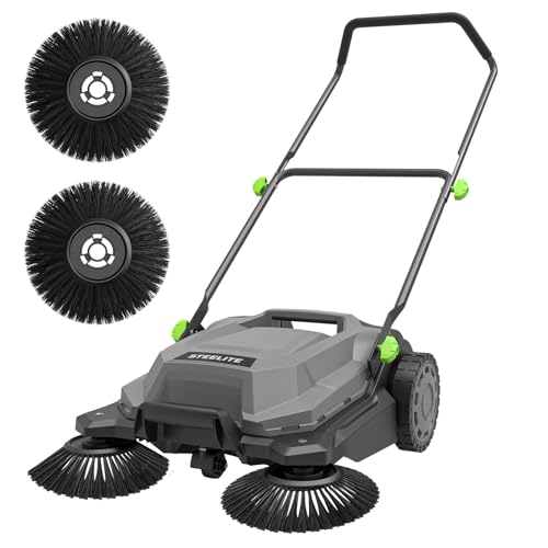 STEELITE Walk-Behind Hand Push Floor Sweeper, 26.8" Sweeping Width Floor Sweeper Manual Non-Electric, 6.35 Gal Waste Container, Angle & Height Adjustable Folding Handle for Walkway, Yard