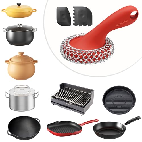 SUBEKYU Cast Iron Scrubber with Silicone Handle, Stainless Steel Skillet Cleaner for Cast Iron Pans (Red Scrubber + Scraper) - color: Red Scrubber + Scraper