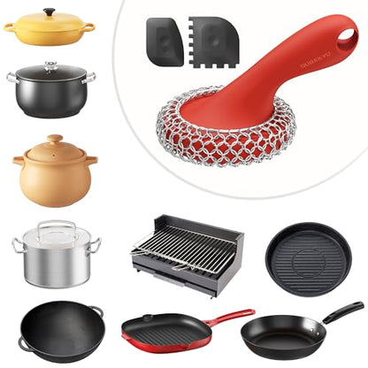 SUBEKYU Cast Iron Scrubber with Silicone Handle, Stainless Steel Skillet Cleaner for Cast Iron Pans (Red Scrubber + Scraper) - color: Red Scrubber + Scraper
