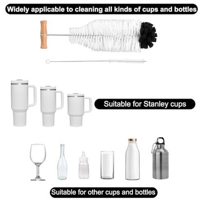 2pcs Water Bottle Cleaning Brush Set, Long Wooden Handle Brush with Straw Cleaner Water Bottle Cleaning Kit for Stanley Cup Tumblers Travel Mugs & Other Bottles