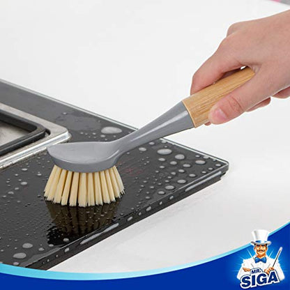 MR.SIGA Dish Brush with Bamboo Handle Built-in Scraper, Scrub Brush for Pans, Pots, Kitchen Sink Cleaning, Pack of 2 - color: Gray