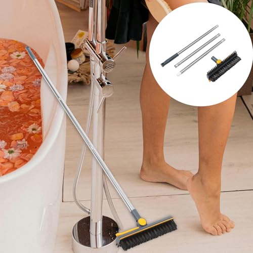 TIDTALEO Bathroom Floor Scrubber Brush with Long Handle, Dual-Function Hard Bristle Scrub and Stainless Steel Squeegee, Blue-Yellow Upgrade for Shower and Tile Cleaning
