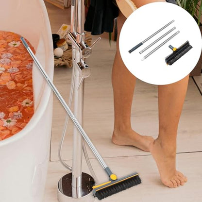 TIDTALEO Bathroom Floor Scrubber Brush with Long Handle, Dual-Function Hard Bristle Scrub and Stainless Steel Squeegee, Blue-Yellow Upgrade for Shower and Tile Cleaning