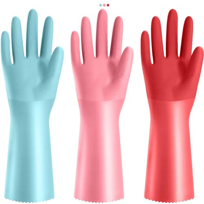 KAQ PVC Rubber Gloves with Cotton Lined: Anti-Slip Dishwashing Gloves 3 Pairs for Kitchen Washing Dishes - Heavy Duty Household for Working Painting Pet Care Handling Chemicals