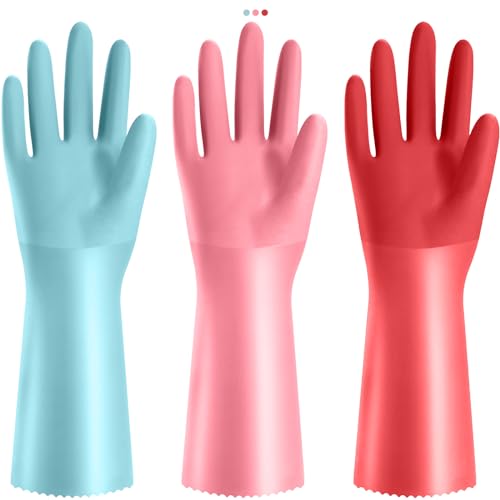 KAQ PVC Rubber Gloves with Cotton Lined: Anti-Slip Dishwashing Gloves 3 Pairs for Kitchen Washing Dishes - Heavy Duty Household for Working Painting Pet Care Handling Chemicals
