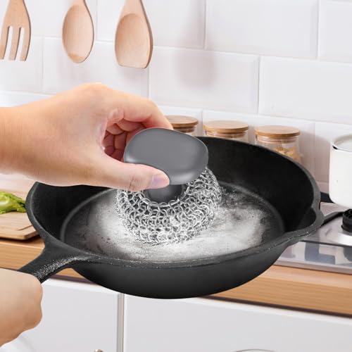 Cast Iron Scrubber | Dish Scrub Brush | 316 Cleaner Chainmail Scrubber for Cast Iron Pan Skillet Cleaner - Dish Scouring Pad Dishwasher Safe Cleaning Kit, Grey 02 - color: Gray