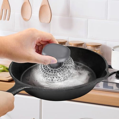Cast Iron Scrubber | Dish Scrub Brush | 316 Cleaner Chainmail Scrubber for Cast Iron Pan Skillet Cleaner - Dish Scouring Pad Dishwasher Safe Cleaning Kit, Grey 02 - color: Gray