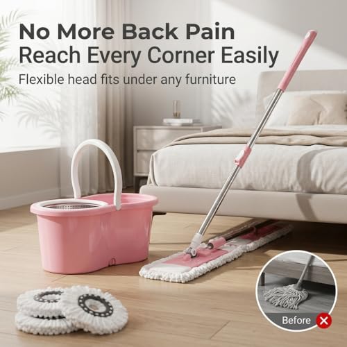 Universal Spin Mop and Bucket System with Stainless Steel Wringer - Heavy-Duty Floor Cleaning Kit Includes 4 Microfiber Mop Head Refills and Extendable Handle, Pink and White, Single Pack