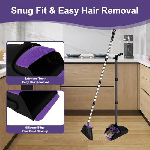 Broom with Dustpan Combo Set and Silicone Air Broom Kit, 51" Long Handle Floor Squeegee, Purple Household Kit for Glass Window Rugs Pet Hair Home - color: Purple