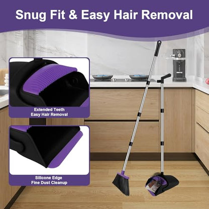 Broom with Dustpan Combo Set and Silicone Air Broom Kit, 51" Long Handle Floor Squeegee, Purple Household Kit for Glass Window Rugs Pet Hair Home - color: Purple