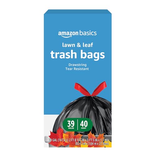 Amazon Basics Lawn & Leaf Drawstring Trash Bags, 39 Gallon, 40 Count, Black, Unscented - size: 40 Count (Pack of 1)