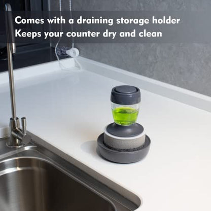 DAPOWER Dish Brush with Soap Dispenser, Kitchen Scrub Brush for Dishes Pots Pans Sink Cleaning, Scrub Sponge Dish Scrubber with Holder Set (Grey Handle & Scrub Sponge) - color: Grey Handle & Scrub Sponge