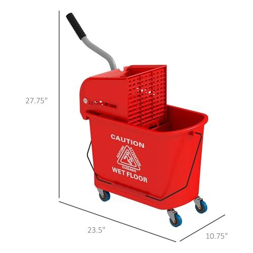 21 Quart Mop Bucket with Wringer on Wheels, Dual Water Cleaning Bucket with Separate Dirty and Clean Water, Rolling Commercial Floor Cleaning System (Red) - color: Red