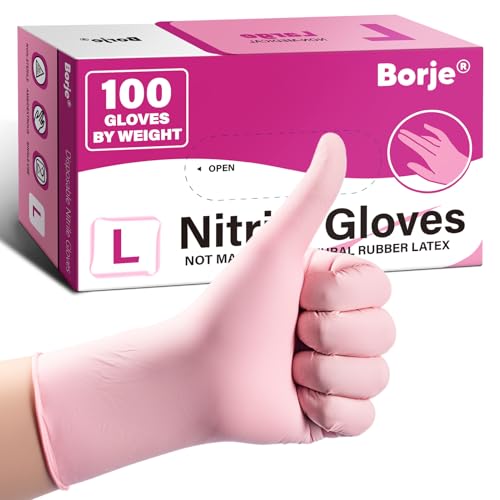 Borje Pink Nitrile Gloves, 100 Count Disposable Gloves, Large, Latex & Powder-Free, Food Safe, Cleaning, Esthetician, Cooking - size: Large, style: Pink of 100