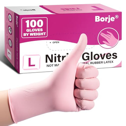 Borje Pink Nitrile Gloves, 100 Count Disposable Gloves, Large, Latex & Powder-Free, Food Safe, Cleaning, Esthetician, Cooking - size: Large, style: Pink of 100