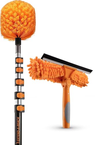 5-25 ft Cobweb Duster & Window Squeegee with Extension Pole // 30+ Foot High Reach Spider Web Cleaner Cobweb Brush for Outdoor & Indoor Web Cleaning // Lightweight & Sturdy Telescopic Pole