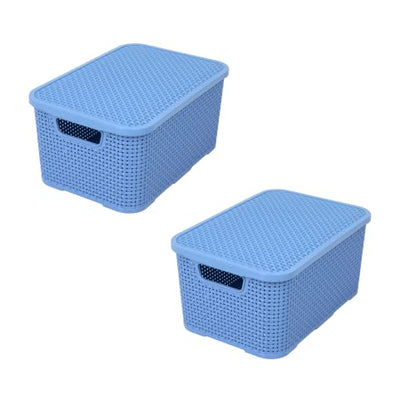 BranQ Home essential Basket with Lid in Rattan Design, Set of 2, Size M, 10 L, BPA-Free Plastic PP, Denim Blue, 28.8 x 19.7 x 16.2 cm, Pack of 2 - color: Denim Blue, size: 10 l