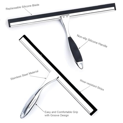Shower Squeegee, 12 Inch Bathroom Squeegee with Spare Silicone Blade, Shower Door Hook and Adhesive Hook Glass, Stainless Steel Squeegee for Shower Glass Window Bathroom Mirror(12in-Silver-Pack of 1)