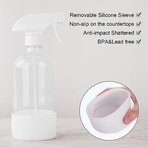 Glass Spray Bottles with Silicone Sleeve, 16 oz 2 Pack Empty Refillable Containers with Adjustable Spray Nozzles (Mist to Stream to Off), Spray Bottles for Cleaning, Hair, Plants, essential oils
