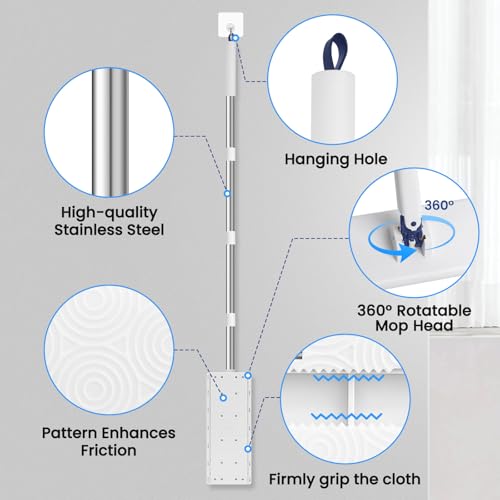 Snap Grip Mini Mop with 6 Washable Pads, Dust Mop Household Items for Wall Window Ceiling, Lazy Dry Wet Mops for Floor Cleaning for Home Kitchen Bathroom, Zero-Touch Flat Floor Mops with 47" Handle