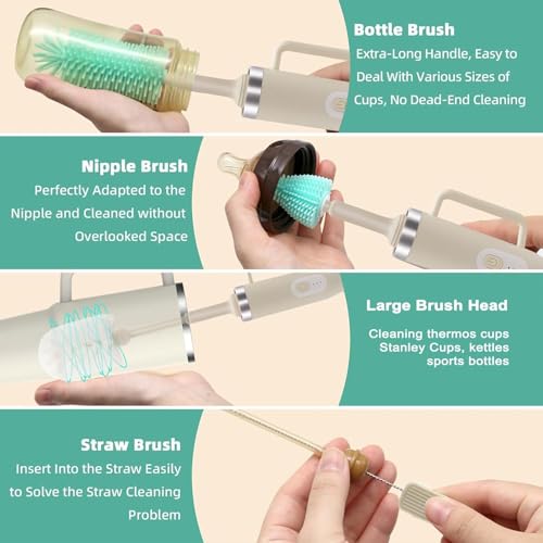 5 in 1 Electric Bottle Brush Cleaner Compatible Stanley Bottle Brush Straw Cleaner Multifunction Rechargeable IPX6 Waterproof Extra Long Design for Stanley Cup, Sports Bottle and More (Black) - color: Black