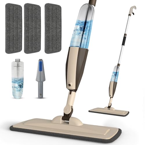 Wet Spray Mop for Floor Cleaning with 14 oz Bottle & 3 Microfiber Pads | Refillable bottle, washable pads, dry/wet use for home or commercial cleaning on hardwood, laminate, wood & ceramic floors - color: Brown