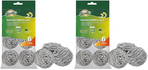 SCRUBIT 12 Pack Stainless Steel Scourers – Steel Wool Scrubber Pad Used for Dishes, Pots, Pans, and Ovens. Easy scouring for Tough Kitchen Cleaning. - size: 6 Count (Pack of 2)
