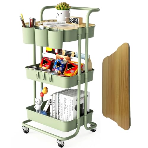 3 Tier Rolling Cart with Metal Handle, Table Top, Hanging Cups, Hooks, Plastic Storage Baskets& Wheels Lockable, Utility Cart for Bathroom Classroom Office Kitchen Pantry Organizers and Storage, Green - color: Green