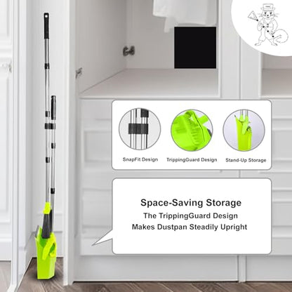 Tiumso Upgrade Broom with Dustpan Combo Set, Broom and Dustpan Set with 51'' Long Handle, Large Upright Brooms and Dust Pans, ZeroGap Lip, Self-Cleaning Teeth for Lobby and Restaurant - Light Green - color: Green