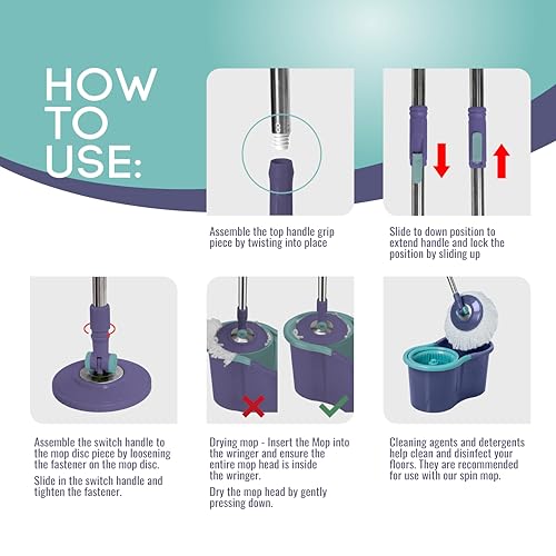 Spin Mop Bucket Set, 5.8L Hands-Free Wringer, Adjustable Stainless Steel Handle, Safe for All Indoor Floors, Includes 2 Replacement Microfiber Mop Heads, Blue