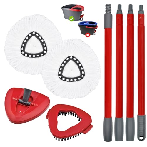Spin Mop Replace Head, Base, Replacement Handle for OCedar EasyWring 1 Tank System 2 Microfiber Refills, 4-Section Sturdy Iron 30-58in Handle, Mop Head Base and Scrubber - size: Red