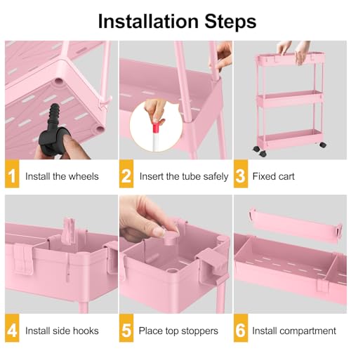 SPACELEAD Slim Storage Cart 3 Tier,Bathroom Organizer Rolling Utility,Mobile Shelving Unit Slide Out for Office, Kitchen, Laundry Room & Narrow Places,Pink - color: Pink