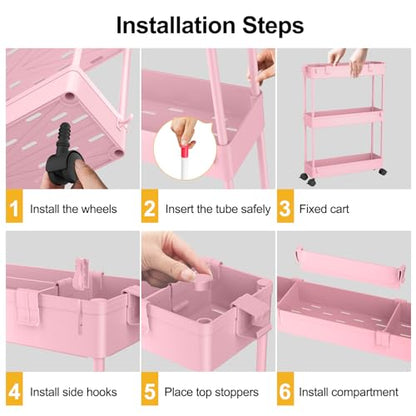 SPACELEAD Slim Storage Cart 3 Tier,Bathroom Organizer Rolling Utility,Mobile Shelving Unit Slide Out for Office, Kitchen, Laundry Room & Narrow Places,Pink - color: Pink