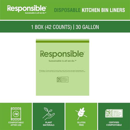 Responsible Products Kitchen Bin Liners, Certified Compostable, Heavy Duty Multipurpose Food Scrap Bags, Made from Compostable Materials (30 Gallon Drawstring, 30 Gallon (42 Count)) - size: 30 Gallon (42 Count), style: 30 Gallon Drawstring