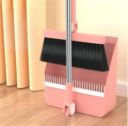 Dustpan and Brush Set Long Handle Up to 37 Inches Adjustable Foldable Broom Dustpan Combo 1set/2pcs Floor Cleaning Supplies Long Teeth Sweeping for Home, Kitchen, Room,Office Space Saving - color: Pink