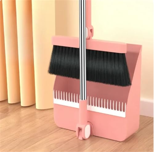 Dustpan and Brush Set Long Handle Up to 37 Inches Adjustable Foldable Broom Dustpan Combo 1set/2pcs Floor Cleaning Supplies Long Teeth Sweeping for Home, Kitchen, Room,Office Space Saving - color: Pink