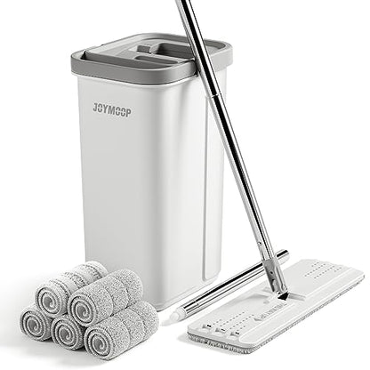 JOYMOOP Flat Mop System, Microfiber Mop and Bucket Set, White, Hands-Free Floor Cleaning Set with Wringer, 60" Handle, Wet and Dry Use, 5 Reusable Pads - size: Middle Bucket #13 + 60" Flat Mop + 5 Pads