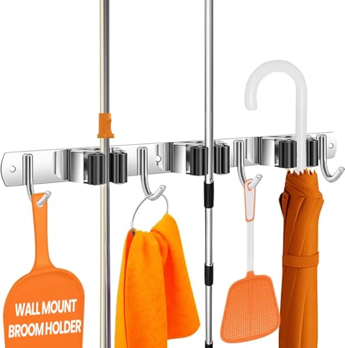 The Good Stuff Compact Mop and Broom Holder Wall Mount – Stainless Steel Organizer with 3 Racks and 2 Hooks – Rust-Resistant, Space-Saving Tool Hanger for Closet, Kitchen, Garage, or RV - size: Compact