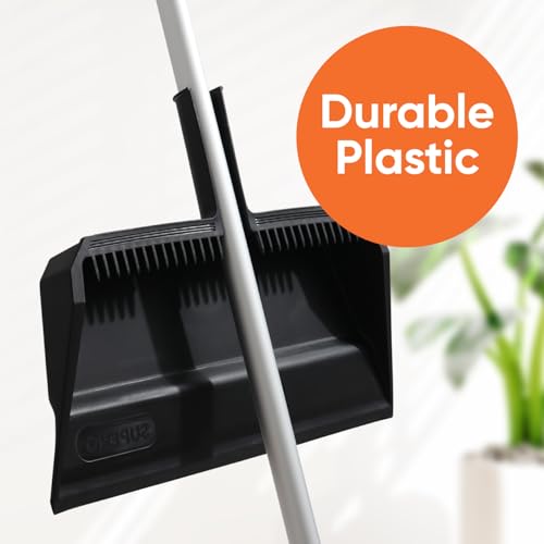 Superio Wide Plastic Dustpan with Comb - 16" Wide, Rubber Lip, Broom Handle Clip, Black - color: Black, size: 1 Pack