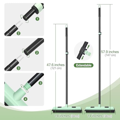 Upgraded Rubber Broom Pet Hair Remover with Squeegee Carpet Rake Fur Sweeper Small Detailing Lint Brush to Fluff Carpet Rug Tile Hardwood Floor