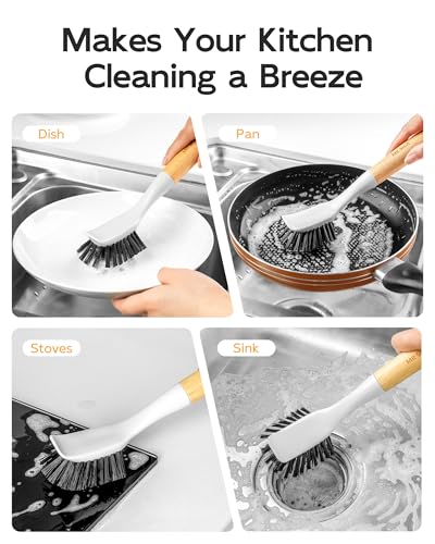 MR.SIGA Dish Brush with Handle, Dish Scrub Brush, Bamboo Dish Brush, Safe on Nonstick Pots, Pans, 2 Pack